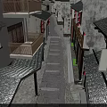 Traditional Commercial Street With Stone Paved Path Ancient Architecture And Shop Signs
