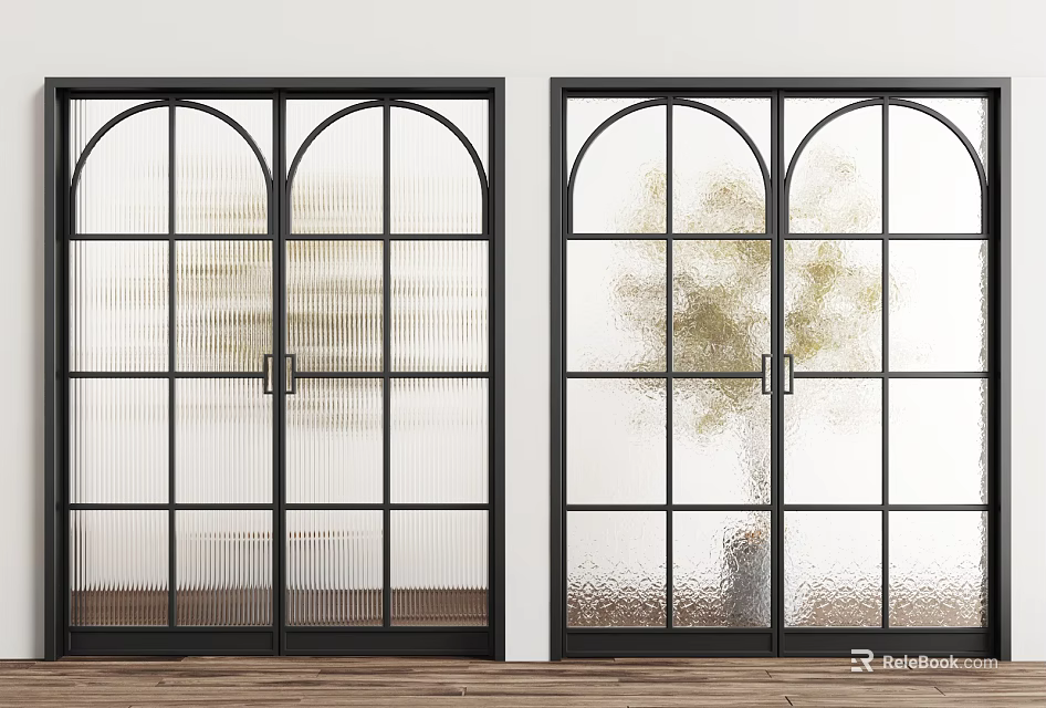 Stylish Double Doors With Arched Design Black Frame And Textured Glass Interior 3d model 