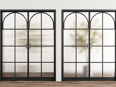 Stylish Double Doors With Arched Design Black Frame And Textured Glass Interior 3d model