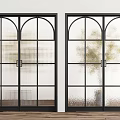 Stylish Double Doors With Arched Design Black Frame And Textured Glass Interior