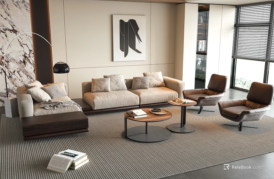 Modern Beige Sofa With Pillows And Wooden Coffee Tables In Living Room Rug 3d model 