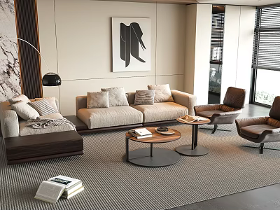 Modern Beige Sofa With Pillows And Wooden Coffee Tables In Living Room Rug 3d model