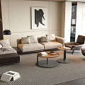 Modern Beige Sofa With Pillows And Wooden Coffee Tables In Living Room Rug