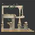 Multi tiered Decorative Structure With Green Vines Pillars And Flower Vases 3d model