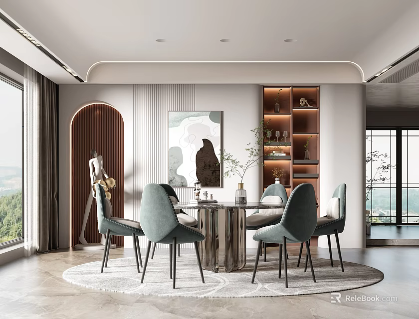 Modern Elegant Restaurant Interior With Round Dining Table Gray Chairs And Scenic View 3d model 