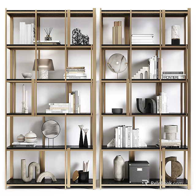 Modern Open Display Shelves With Multi Tiered Design And Books Decorative Vases Sculptures 3d model 