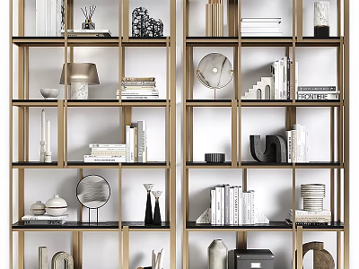 Modern Open Display Shelves With Multi Tiered Design And Books Decorative Vases Sculptures 3d model