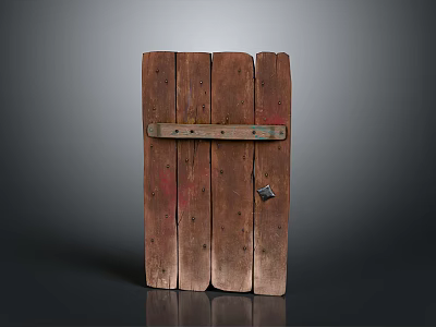 Plank Constructed Wooden Door With Metal Strap Red Brown Paint Marks And Metal Latch 3d model