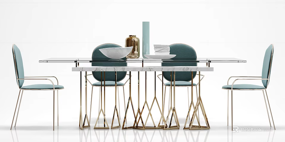 Modern Dining Table Set With Marble Top Teal Chairs Golden Legs And Decorative Bowls 3d model 