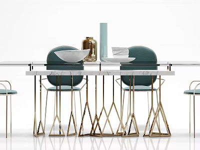 Modern Dining Table Set With Marble Top Teal Chairs Golden Legs And Decorative Bowls 3d model