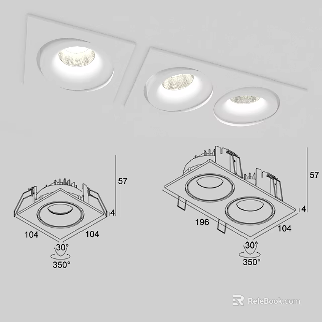 Technical Drawing of Downlights and Spotlights with Dimensions and Installation Angles 3d model