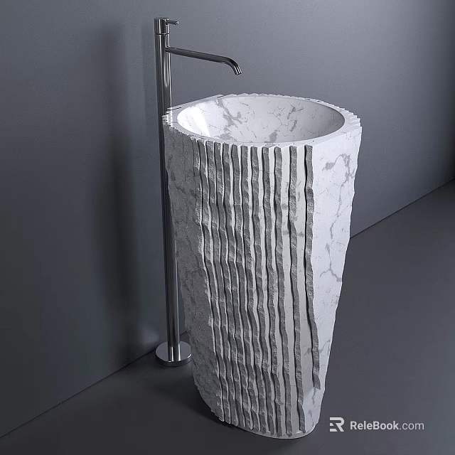 Elegant Marble Pedestal Washbasin With Vertical Striped Texture And Chrome Faucet Against Grey Wall 3d model 