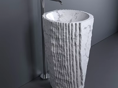 Elegant Marble Pedestal Washbasin With Vertical Striped Texture And Chrome Faucet Against Grey Wall 3d model