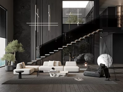 Modern Duplex Living Room Interior Design With Black Walls Staircase White Sofas And Green Plants 3d model