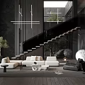 Modern Duplex Living Room Interior Design With Black Walls Staircase White Sofas And Green Plants