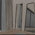 Modern Floor Mirrors In Living Room Interior With Window Curtains And Wooden Floor