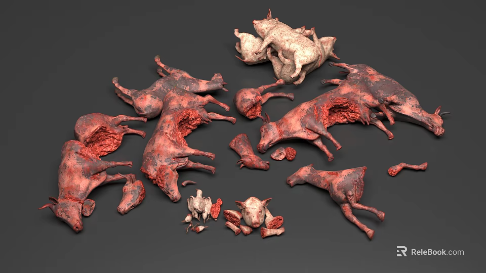 Reptile Dissected Body Parts In Red White With Various Sizes On Grey Background 3d model 