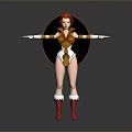 Woman With Red Hair In Orange White Outfit Arms Outstretched Red Boots Circular Black Background