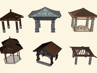Various Traditional Gazebo Designs Featuring Different Roof Styles And Wooden Structures 3d model