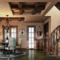 Living Dining Room Interior Design With Ceiling Fan Wall Clock Large Windows Sofa Armchair Coffee Table