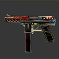 Futuristic Red And Blue Pistol With Detailed Design And Grip Features