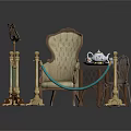 Classical Style Furniture Display With Ornate Armchair Small Round Table Golden Stanchions And Blue Ropes