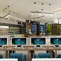 Modern Internet Cafe Interior With Multiple Computers Comfortable Seating And Bright Lighting 3d model