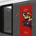 Red Fire Equipment Cabinet With Cartoon Character And Fire Alarm Button On Gray Tiled Wall