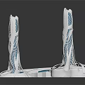Cartoon Scene Of Two Tall Futuristic White Structures With Blue Grid Patterns And Circular Base