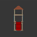 Playground Equipment with Red Roof Wooden Structure Blue Railings and Red Slide
