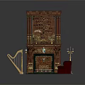 Red Carved Fireplace Interior With Harp Red Chair And Candelabra