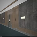 Hotel Corridor Interior With Gray Stone Walls Wooden Accents Modern Lighting And Green Carpet