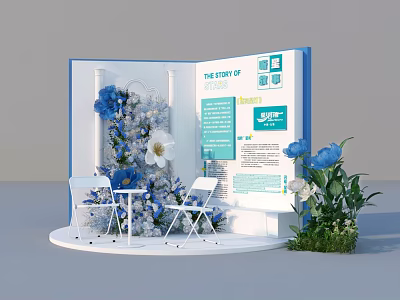 Floral Decoration Display Setup With Blue White Flowers White Chairs Table And Green Plants 3d model