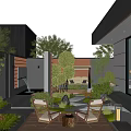 Modern Courtyard Garden With Wooden Deck Rattan Chairs Small Round Table And Greenery
