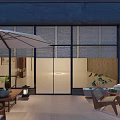 Modern Clubhouse Exterior Featuring Glass Facade Wooden Deck Plants And Interior Lounge Seating