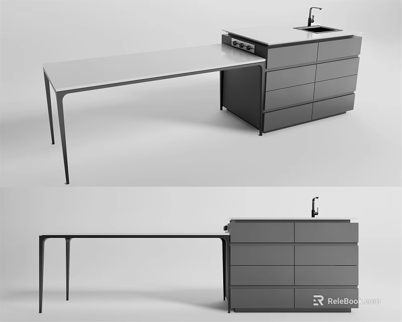 Modern Kitchen Counter With Long Top Drawer Cabinets Sink And Cooktop 3d model 