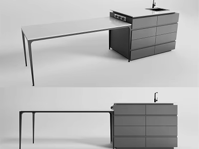 Modern Kitchen Counter With Long Top Drawer Cabinets Sink And Cooktop 3d model