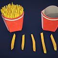 Crispy Golden French Fries in Red Paper Boxes with Scattered Pieces on Dark Background