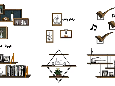 Modern Wall Cabinets Featuring Geometric Shelves Plants Photo Frames And Books 3d model