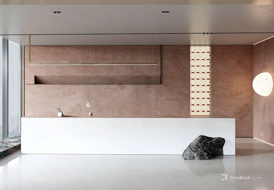 White Modern Reception Desk With Smooth Countertop Wooden Wall And Decorative Stone 3d model 