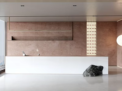 White Modern Reception Desk With Smooth Countertop Wooden Wall And Decorative Stone 3d model