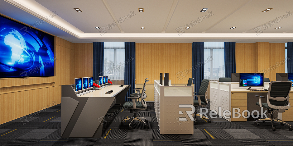 Modern monitoring room Command control room Dispatching command center Monitoring hall Command hall Office desks and chairs model