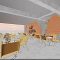 Modern Dining Interior With Orange Striped Walls Lighting And Wooden Tables Chairs