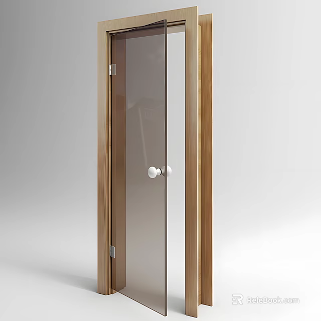 Modern Swing Door With Wooden Frame Glass Panel And Metal Door Handle 3d model 
