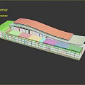Cartoon Scene Of Modern Building With Curved Orange Roof Multi Level Structure And Blue Windows