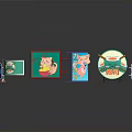 Cartoon Style Sushi Food Display With Round Sign And Patterned Boards
