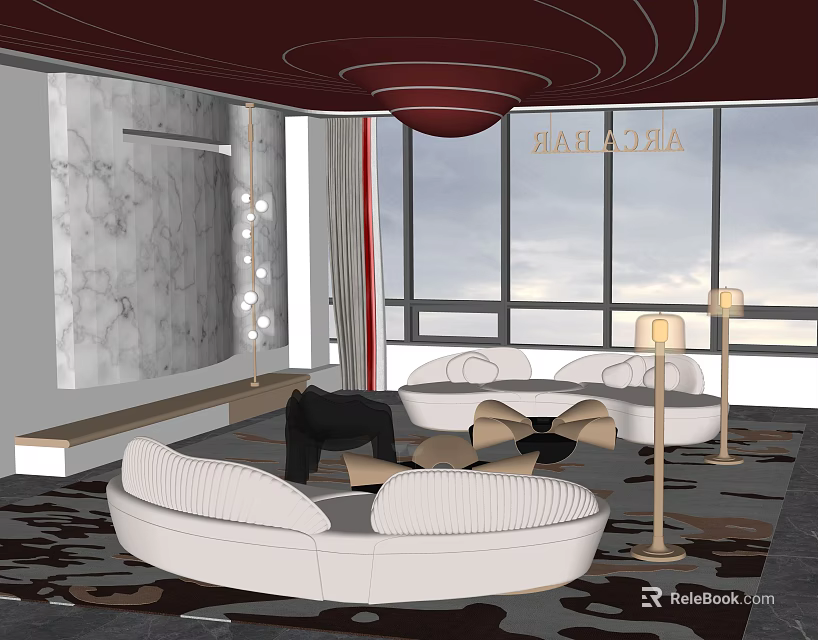 Stylish Leisure Area Interior Design With White Sofas Large Windows And Red Decorative Ceiling 3d model