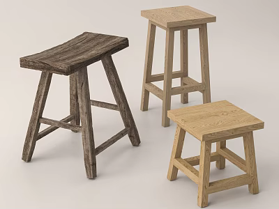 Three Wooden Stools In Different Styles With Light And Dark Natural Wood Tones 3d model