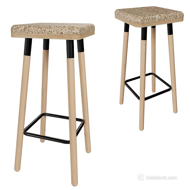 Sturdy Bar Stools With Light Wooden Legs Woven Seat And Black Metal Support Design 3d model 