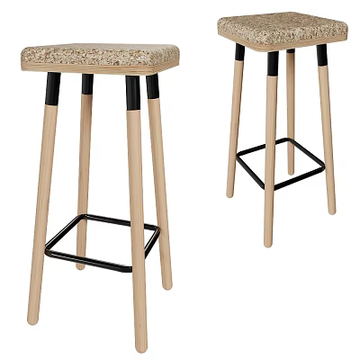 Sturdy Bar Stools With Light Wooden Legs Woven Seat And Black Metal Support Design 3d model